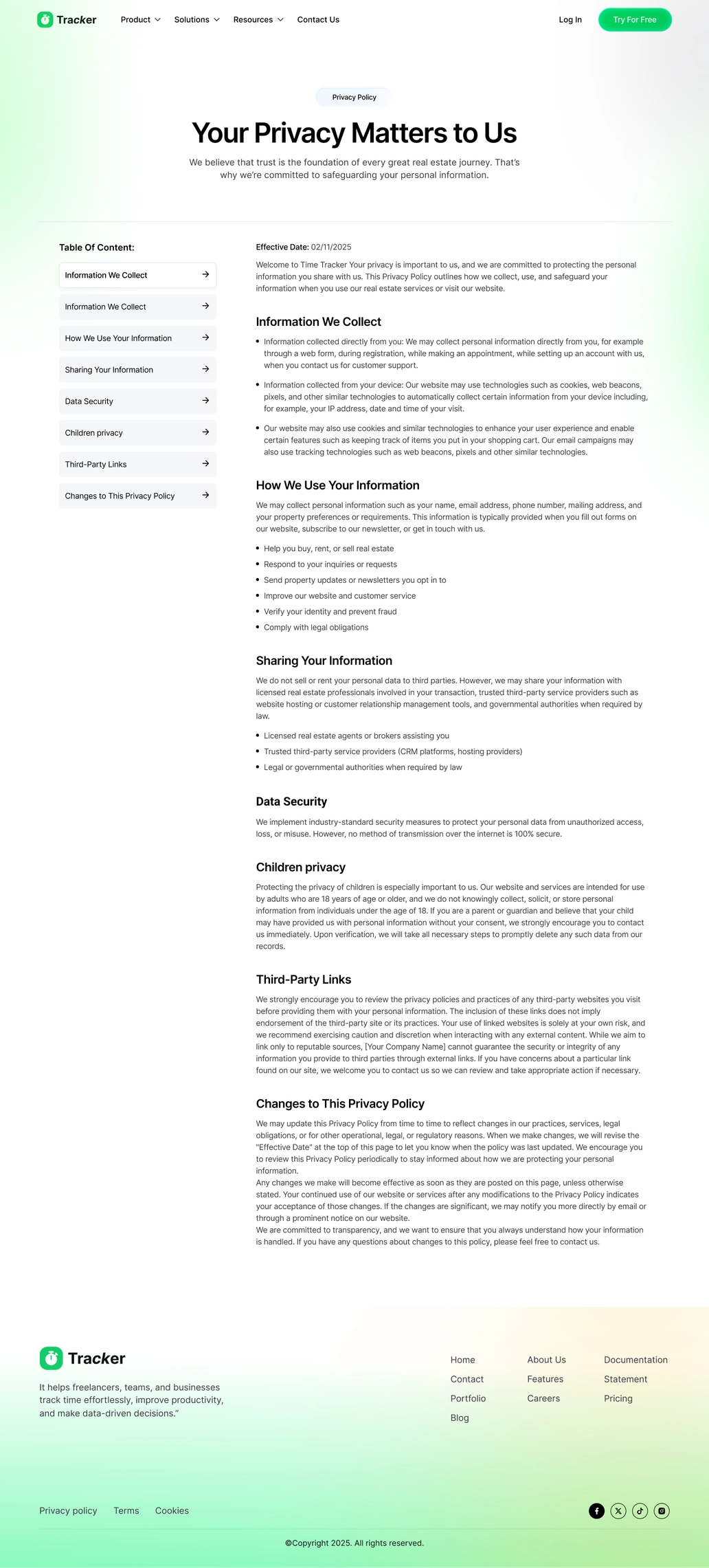 Time Tracker Privacy Page UI - 2