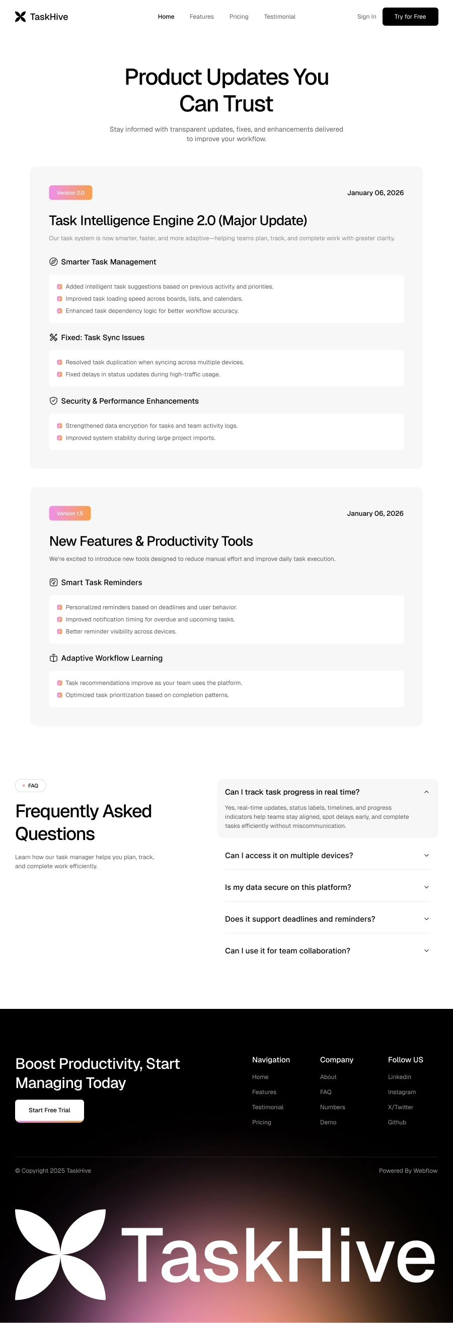 Task Management SaaS Changelog Page UI - 2
