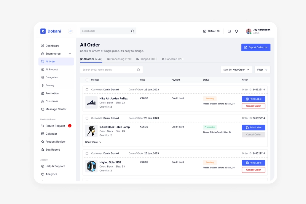 E Dokani Ecommerce - All Oder ui