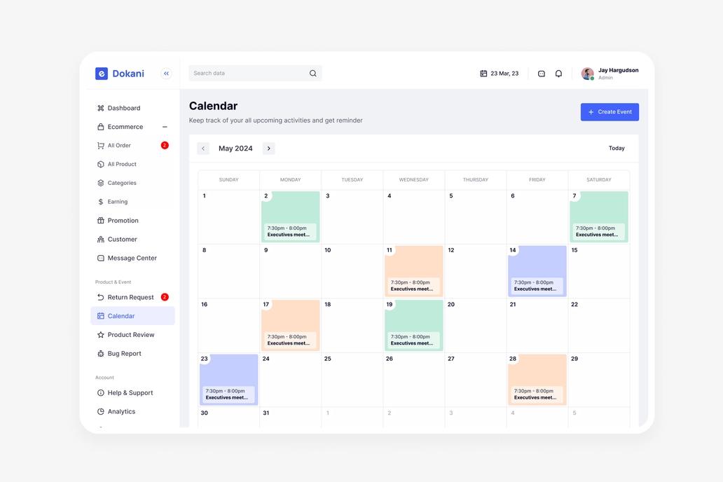 E Dokani, Ecommerce - Calendar UI
