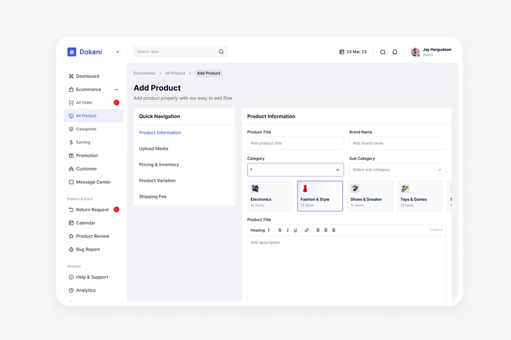 E Dokani, Ecommerce - Select Categories UI