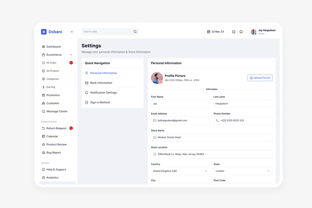 E Dokani, Ecommerce - Setting Page UI
