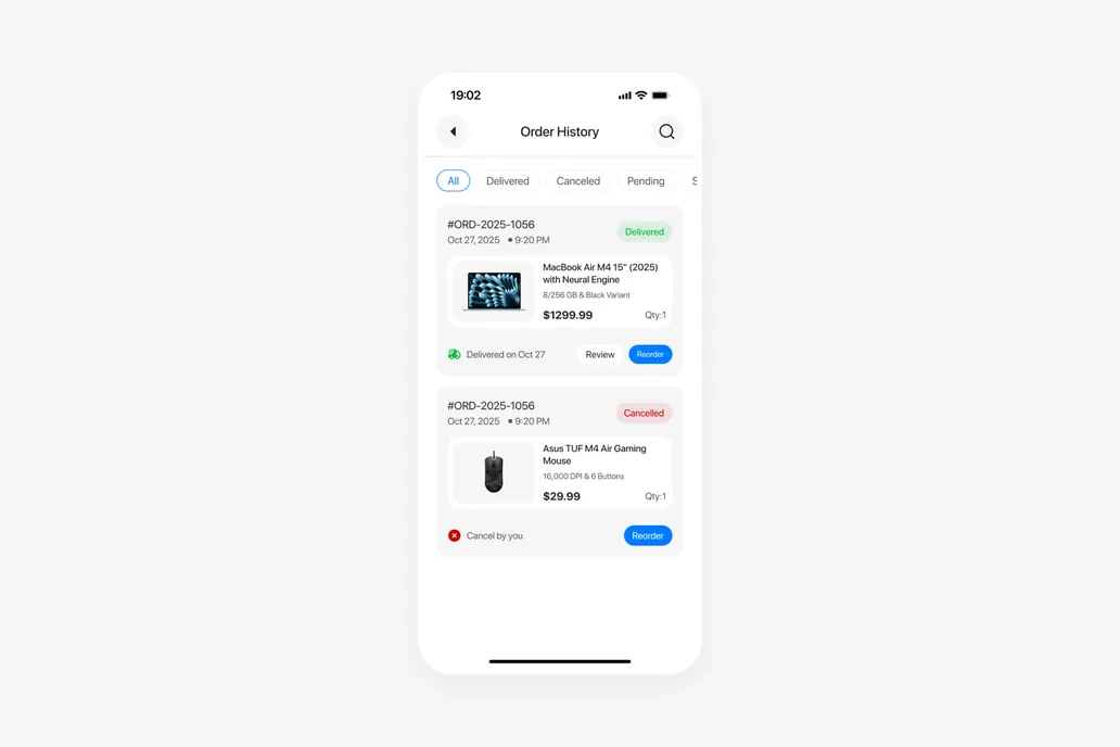 Ecommerce App Order History Screen UI