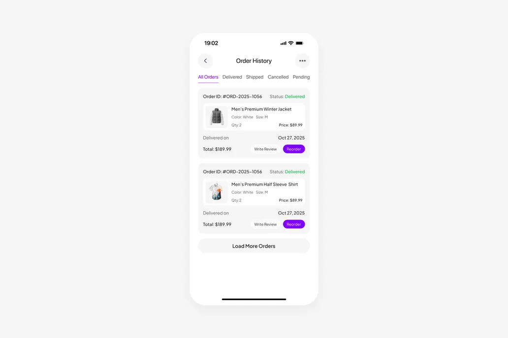 Fashion App Order History Screen UI
