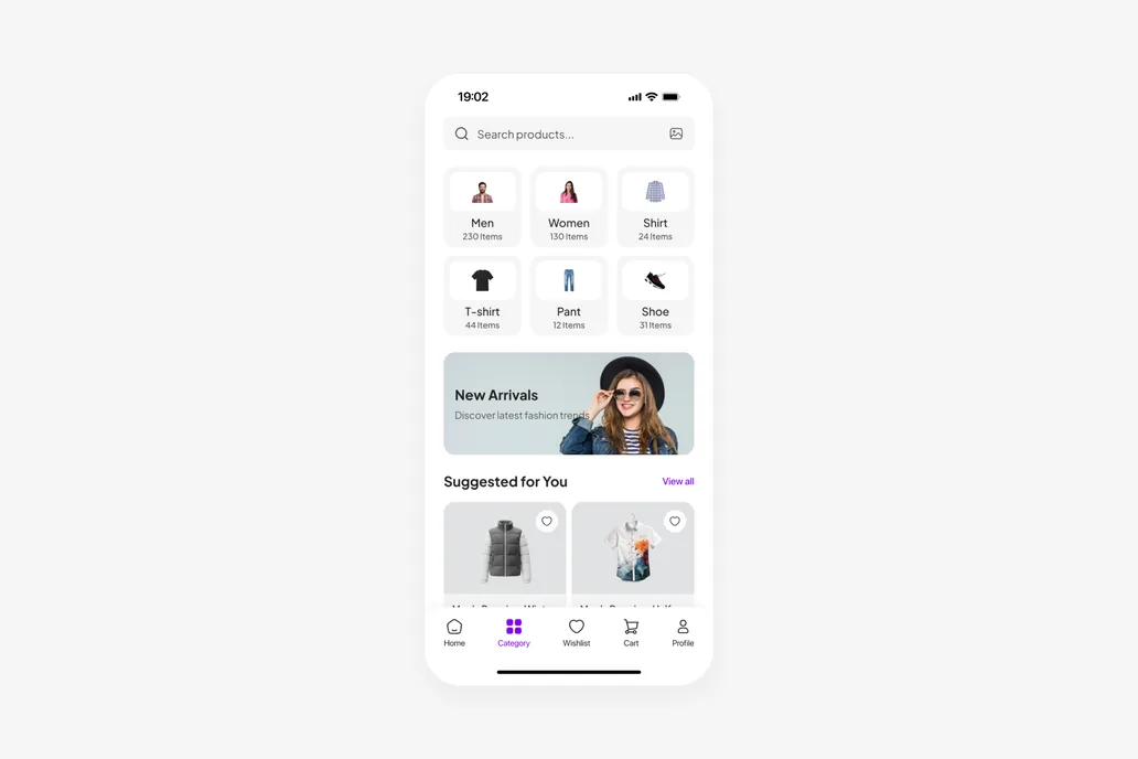Fashion App Product Category Screen UI