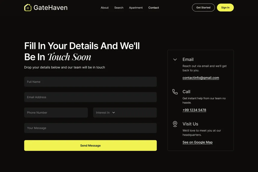 Gatehaven, Hootel Booking - Contact Us Page