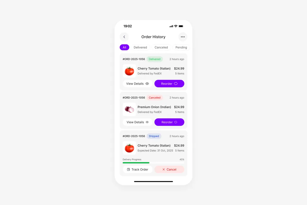 Grocery App Order History Screen UI