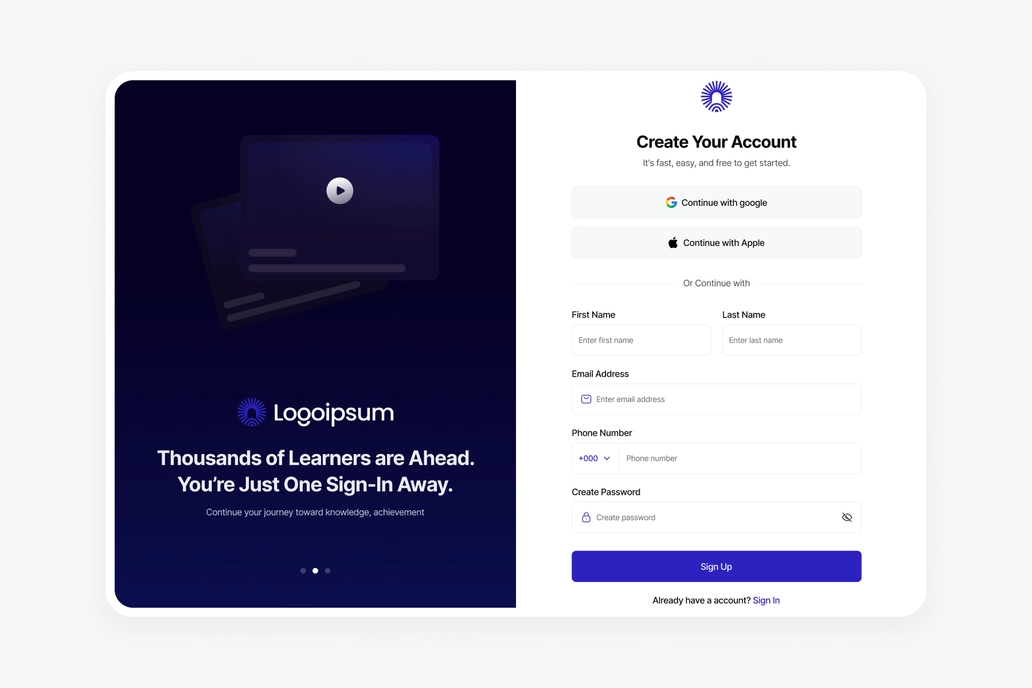 Sign Up dashboard UI