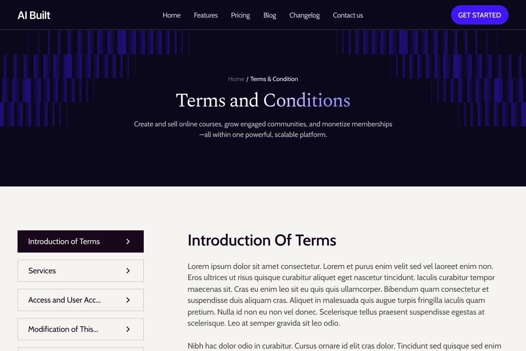 AI terms & Condition Page UI