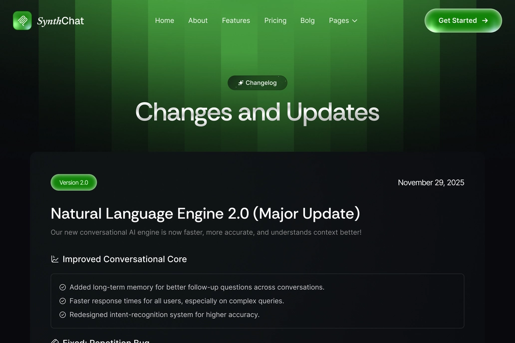 Chatbot Changelog Page UI