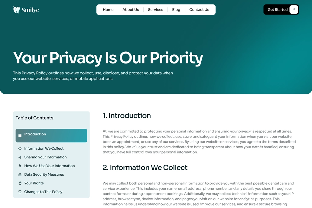Dental Care Privacy Page UI