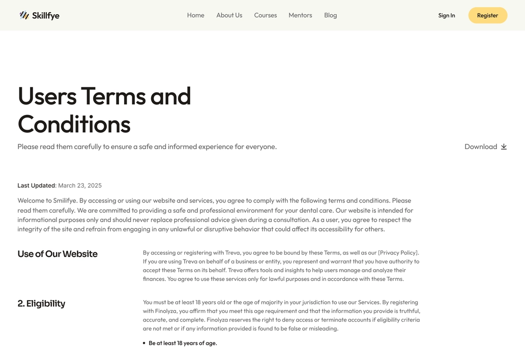 E-learning Terms & Condition Page UI