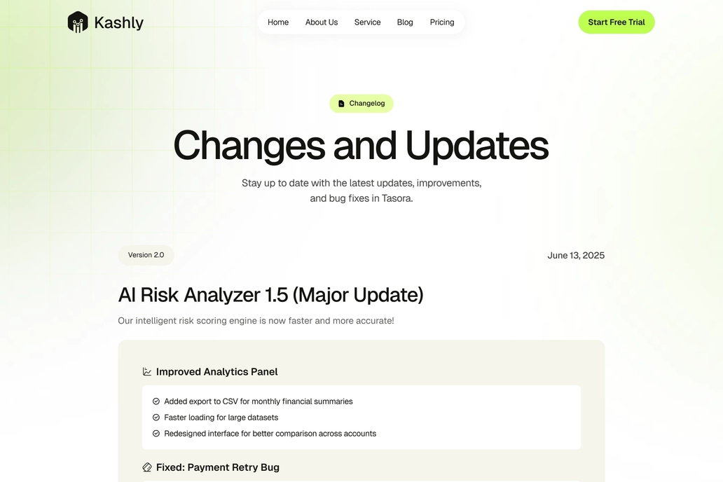 Finance Changelog Page UI