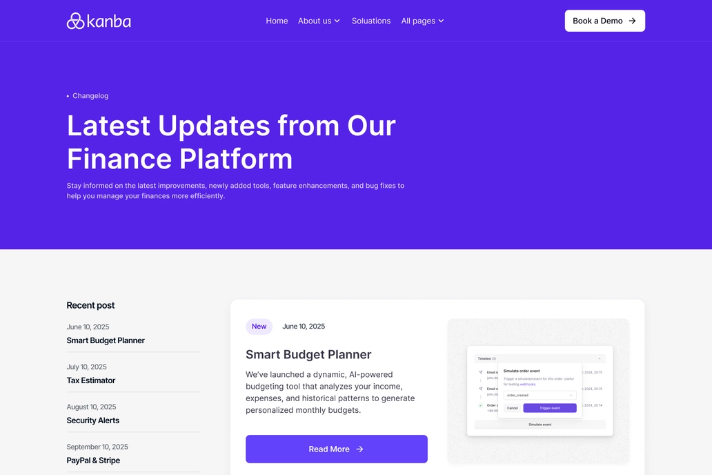 Finance Changelog Page UI