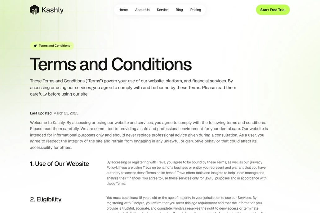 Finance Management Terms & Condition Page UI