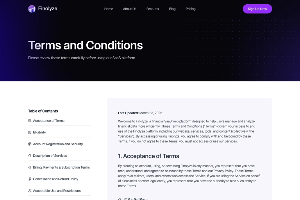 Finance Terms & Condition Page UI