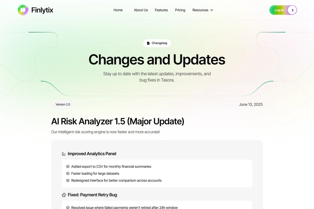 Fintech Changelog Page UI