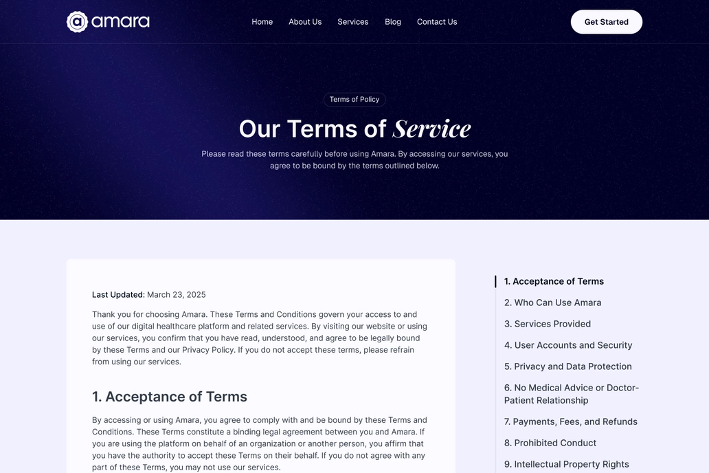 Healthcare Terms & Condition Page UI
