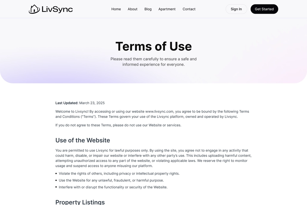 Real Estate Terms & Condition Page UI