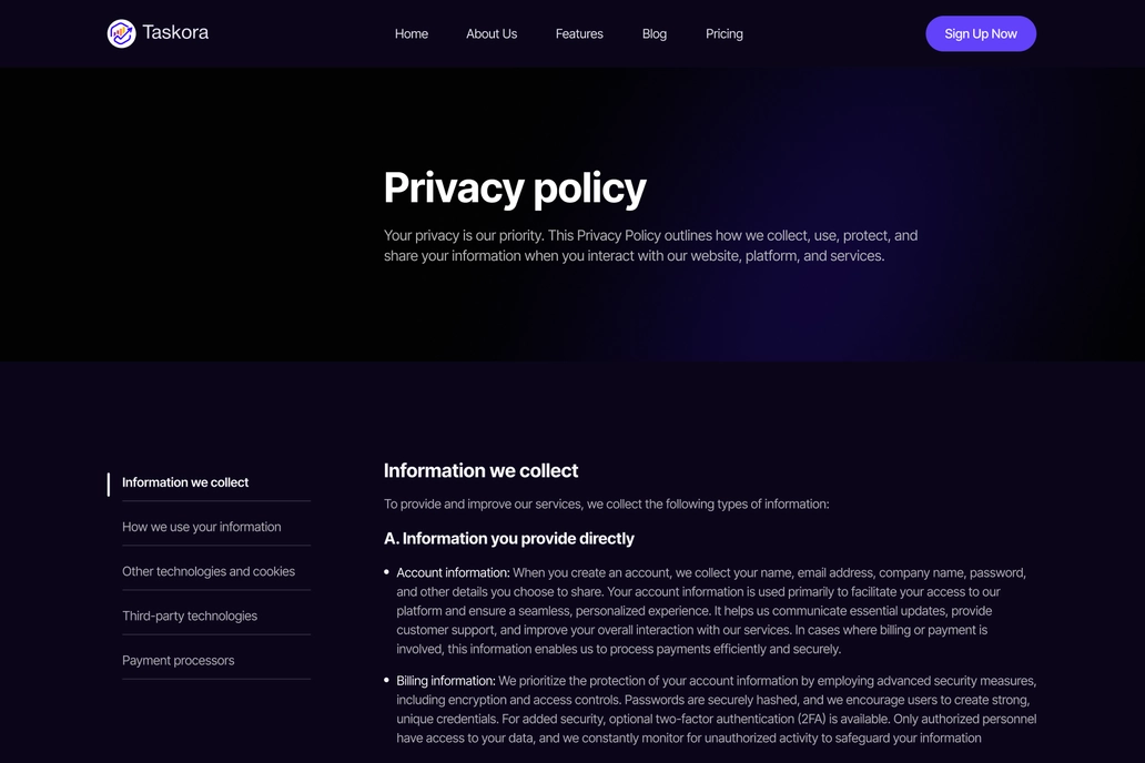 SaaS Privacy Page UI