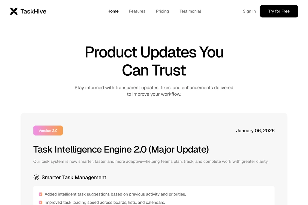 Task Management SaaS Changelog Page UI