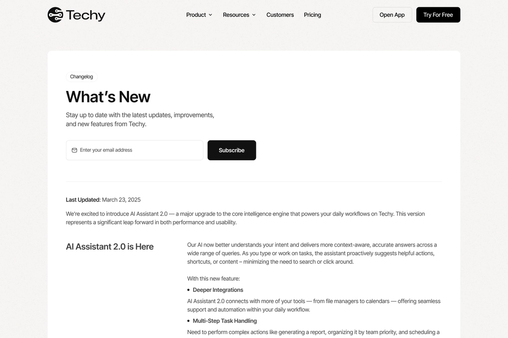 Technology Changelog Page UI