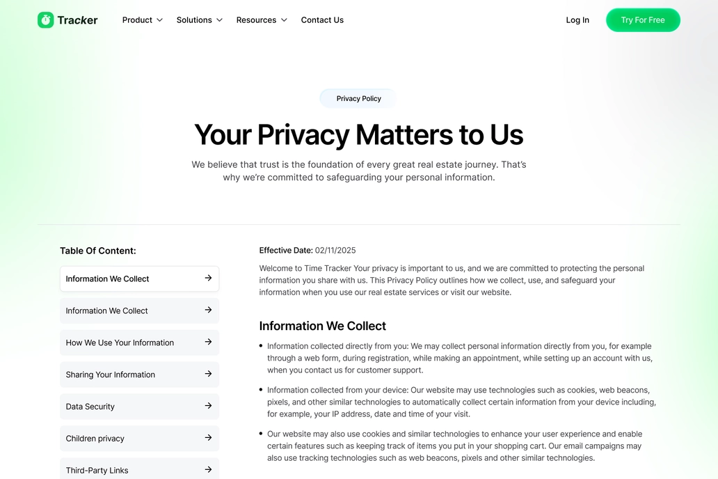 Time Tracker Privacy Page UI