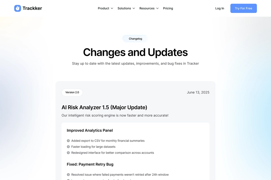 Time Tracker SaaS Changelog Page UI