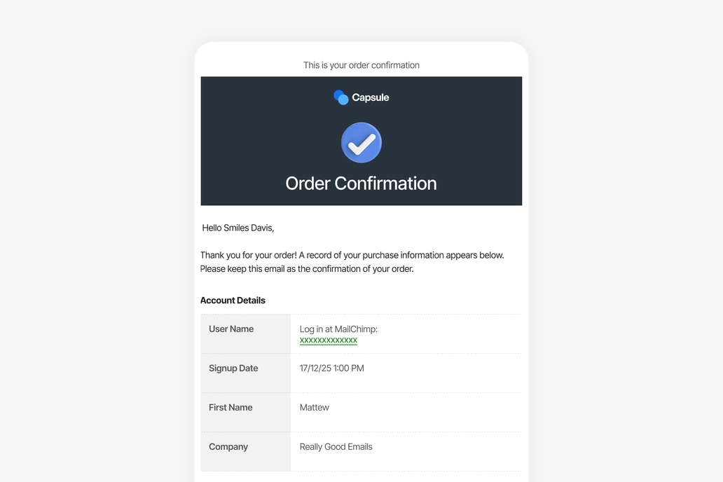 Order Confirmation Email Template UI