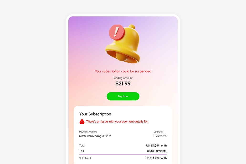 Saas Product Payment Alert Email Template UI